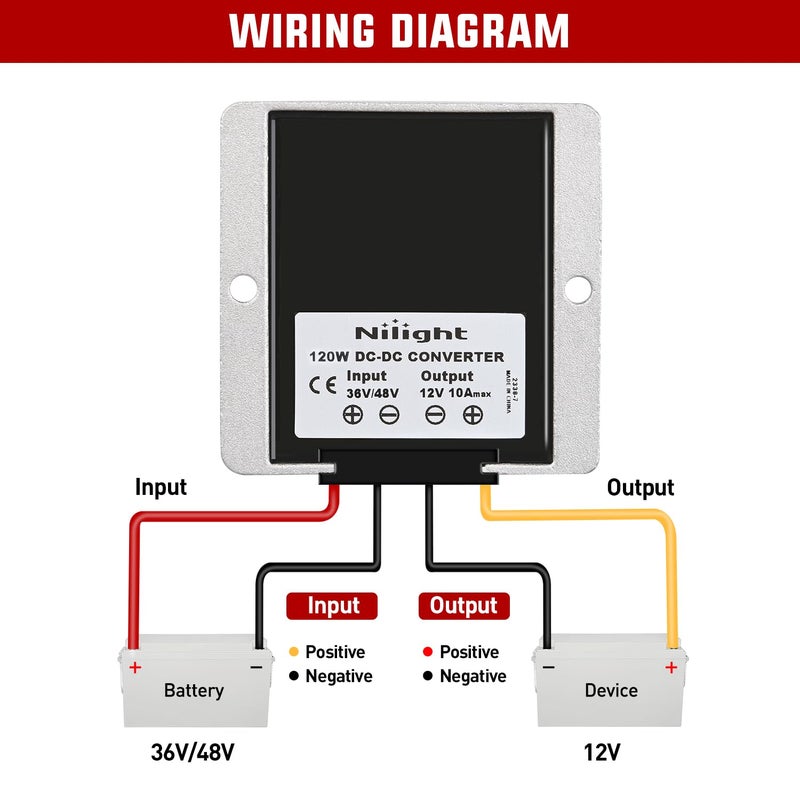 Nilight 48V 36V to 12V Voltage Converter 120W 10A Regulator Step Down to 12VDC Waterproof DC Convert Reducer Power Supply Transformer Module for Golf Cart Scooters - Image 3